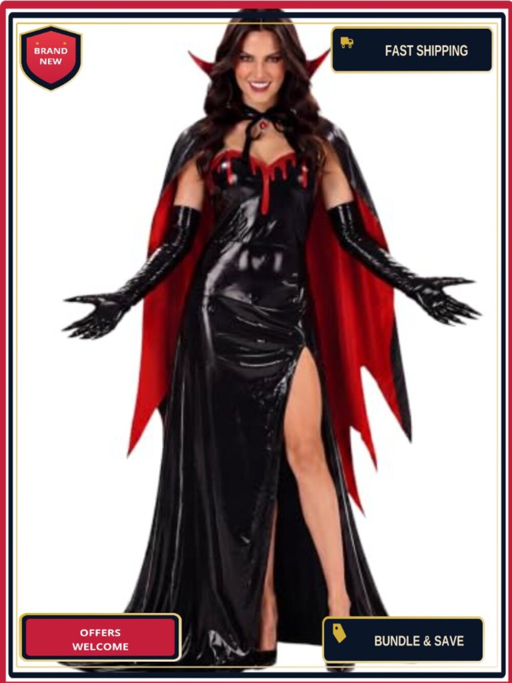 Gothic Vampire Costume 4 Piece Set with Cape Dress Gloves Choker